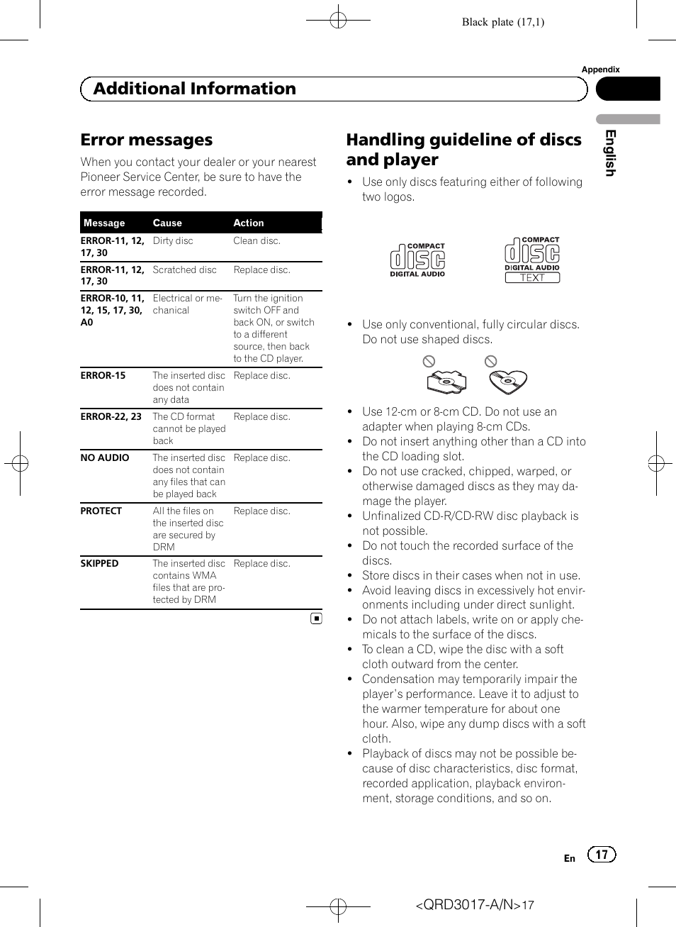 Additional information error messages, Handling guideline of discs and player, Error messages | Additional information, Qrd3017-a/n | Pioneer Super Tuner III D DEH-1150MPG User Manual | Page 17 / 96