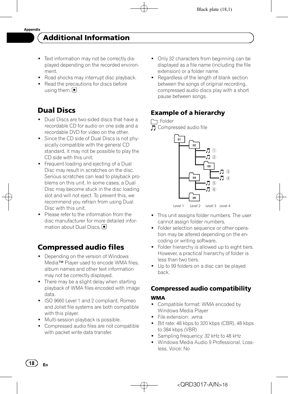 Dual discs, Compressed audio files, Example of a hierarchy 18 | Compressed audio compatibility 18, Additional information, Example of a hierarchy, Compressed audio compatibility | Pioneer Super Tuner III D DEH-1150MPG User Manual | Page 18 / 96