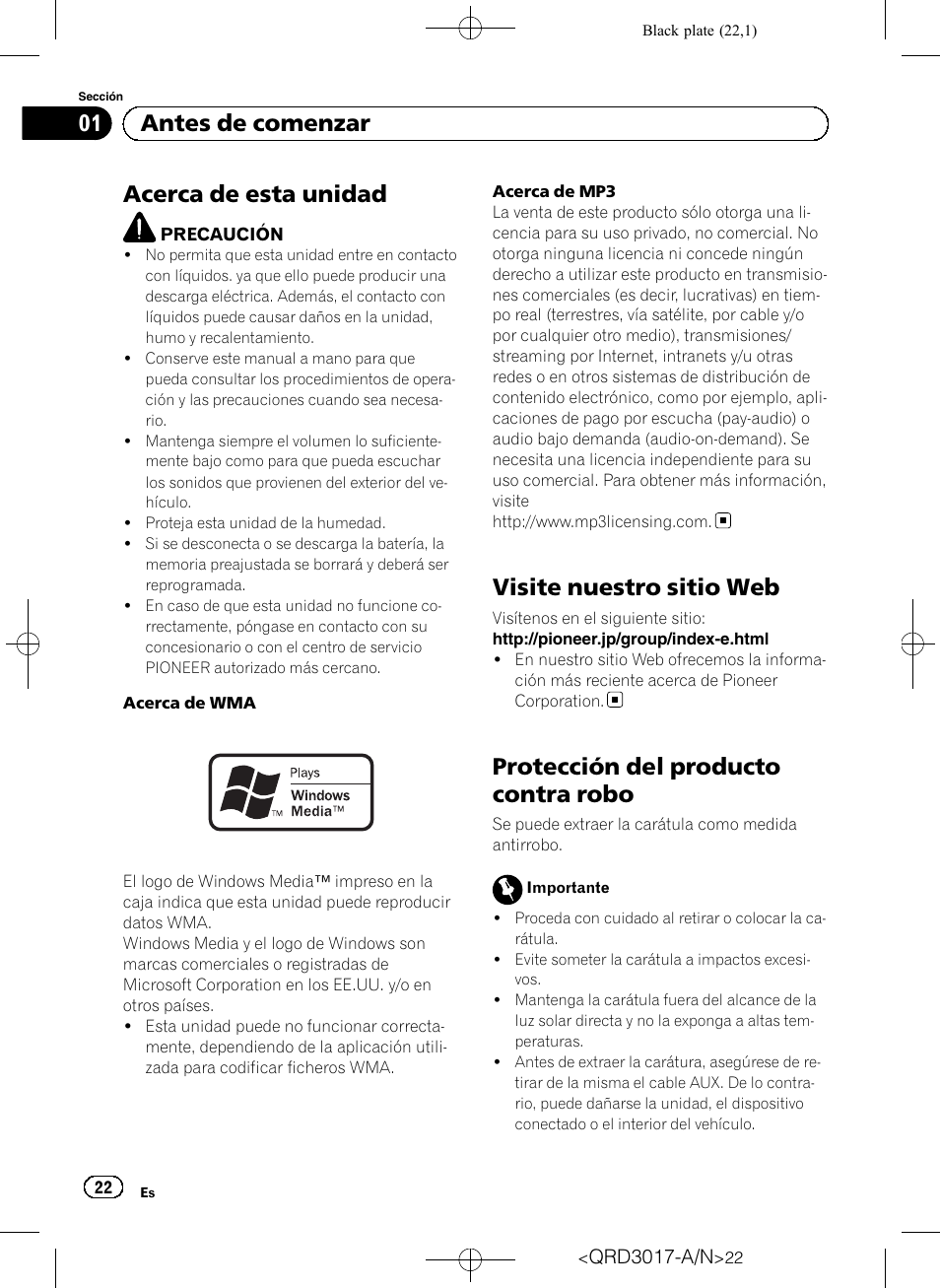 Antes de comenzar, Acerca de esta unidad, Visite nuestro sitio web | Protección del producto contra robo | Pioneer Super Tuner III D DEH-1150MPG User Manual | Page 22 / 96