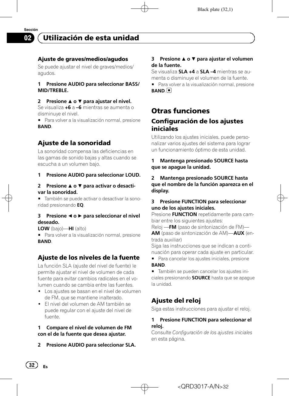 Ajuste de la sonoridad 32, Ajuste de los niveles de la fuente 32, Otras funciones | Configuración de los ajustes, Iniciales, Ajuste del reloj 32, Utilización de esta unidad, Ajuste de la sonoridad, Ajuste de los niveles de la fuente, Configuración de los ajustes iniciales | Pioneer Super Tuner III D DEH-1150MPG User Manual | Page 32 / 96