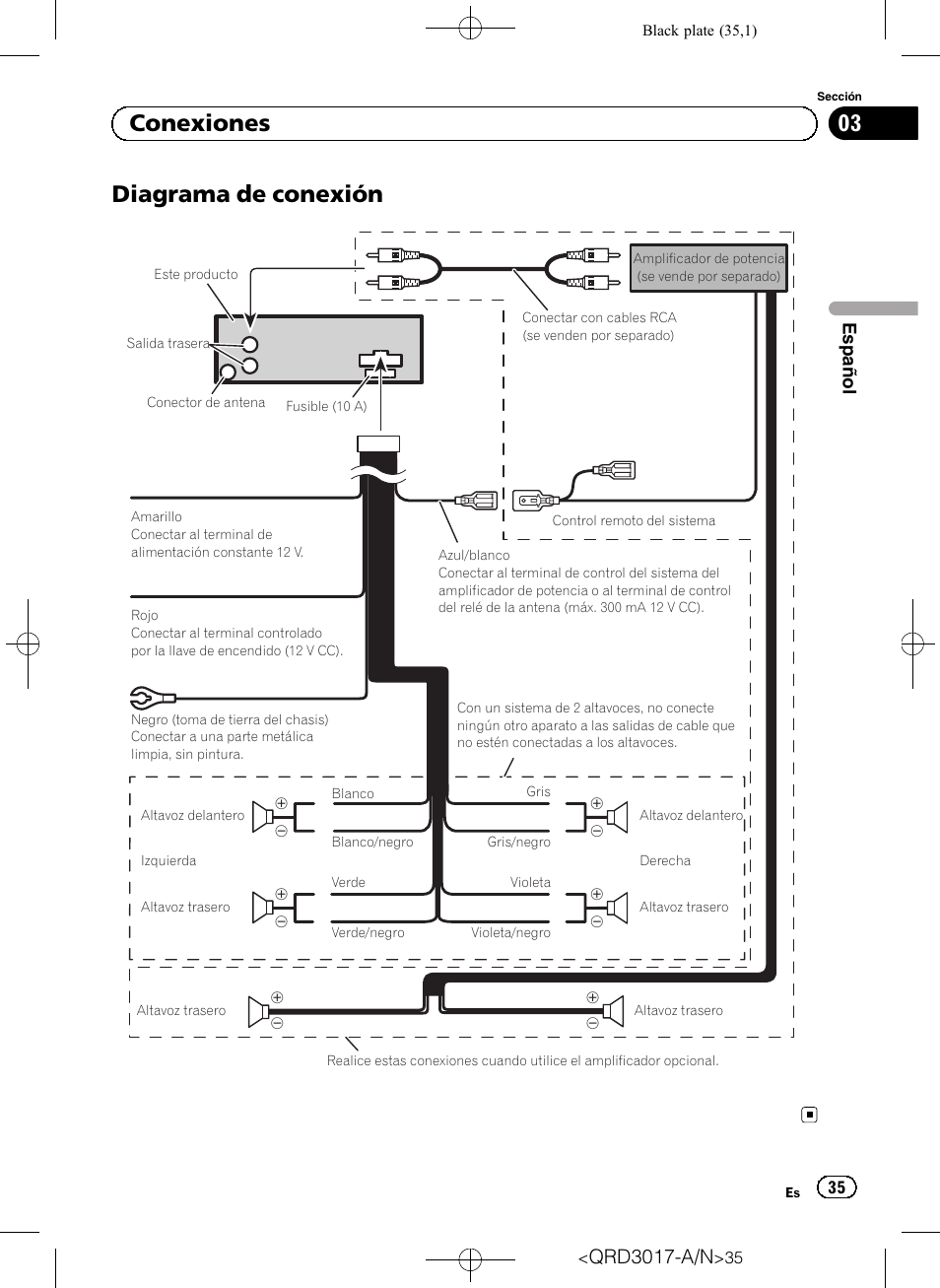 Diagrama de conexión, Conexiones, Qrd3017-a/n | Pioneer Super Tuner III D DEH-1150MPG User Manual | Page 35 / 96