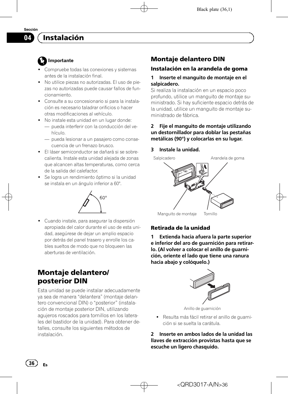 Instalación montaje delantero/posterior din, Montaje delantero din 36, Montaje delantero/ posterior din | Instalación, Montaje delantero din | Pioneer Super Tuner III D DEH-1150MPG User Manual | Page 36 / 96
