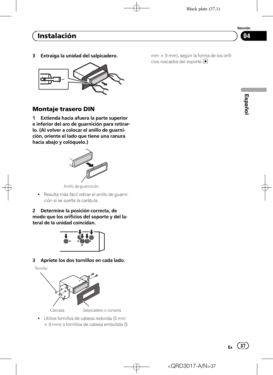 Montaje trasero din 37, Instalación, Montaje trasero din | Pioneer Super Tuner III D DEH-1150MPG User Manual | Page 37 / 96