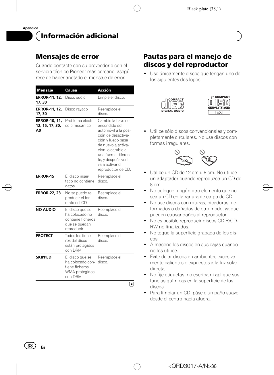 Información adicional mensajes de error, Pautas para el manejo de discos y del, Reproductor | Mensajes de error, Pautas para el manejo de discos y del reproductor, Información adicional, Qrd3017-a/n | Pioneer Super Tuner III D DEH-1150MPG User Manual | Page 38 / 96