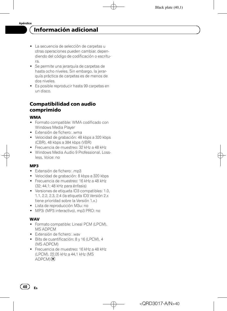 Compatibilidad con audio, Comprimido, Información adicional | Compatibilidad con audio comprimido | Pioneer Super Tuner III D DEH-1150MPG User Manual | Page 40 / 96
