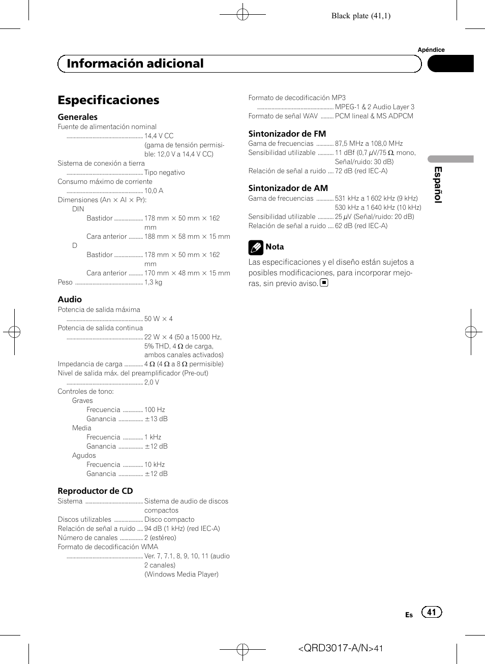 Especificaciones, Información adicional, Qrd3017-a/n | Español | Pioneer Super Tuner III D DEH-1150MPG User Manual | Page 41 / 96