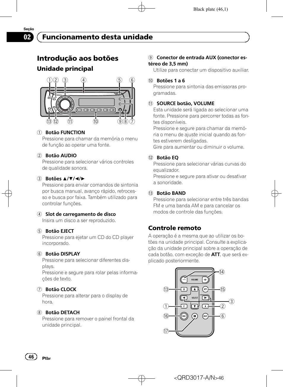 Funcionamento desta unidade introdução aos botões, Unidade principal 46, Controle remoto 46 | Introdução aos botões, Funcionamento desta unidade | Pioneer Super Tuner III D DEH-1150MPG User Manual | Page 46 / 96