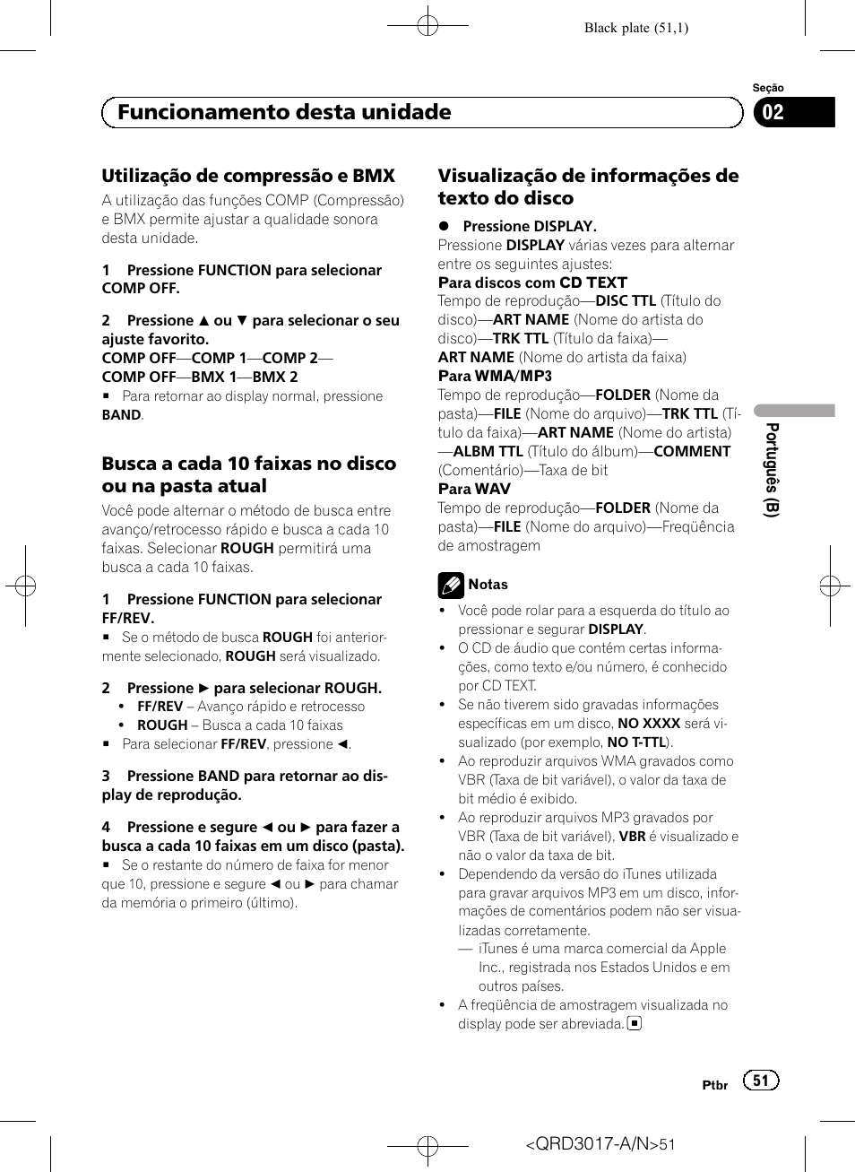 Utilização de compressão e bmx 51, Busca a cada 10 faixas no disco ou na, Pasta atual | Visualização de informações de texto, Do disco, Funcionamento desta unidade, Utilização de compressão e bmx, Busca a cada 10 faixas no disco ou na pasta atual, Visualização de informações de texto do disco | Pioneer Super Tuner III D DEH-1150MPG User Manual | Page 51 / 96