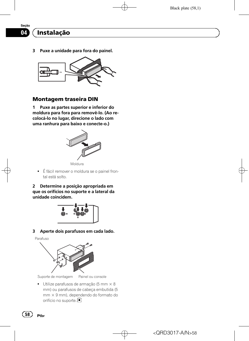 Montagem traseira din 58, Instalação, Montagem traseira din | Pioneer Super Tuner III D DEH-1150MPG User Manual | Page 58 / 96