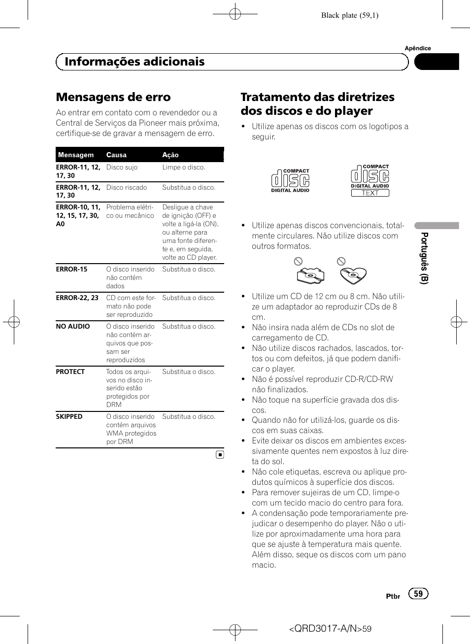 Informações adicionais mensagens de erro, Tratamento das diretrizes dos discos e do, Player | Mensagens de erro, Tratamento das diretrizes dos discos e do player, Informações adicionais, Qrd3017-a/n | Pioneer Super Tuner III D DEH-1150MPG User Manual | Page 59 / 96