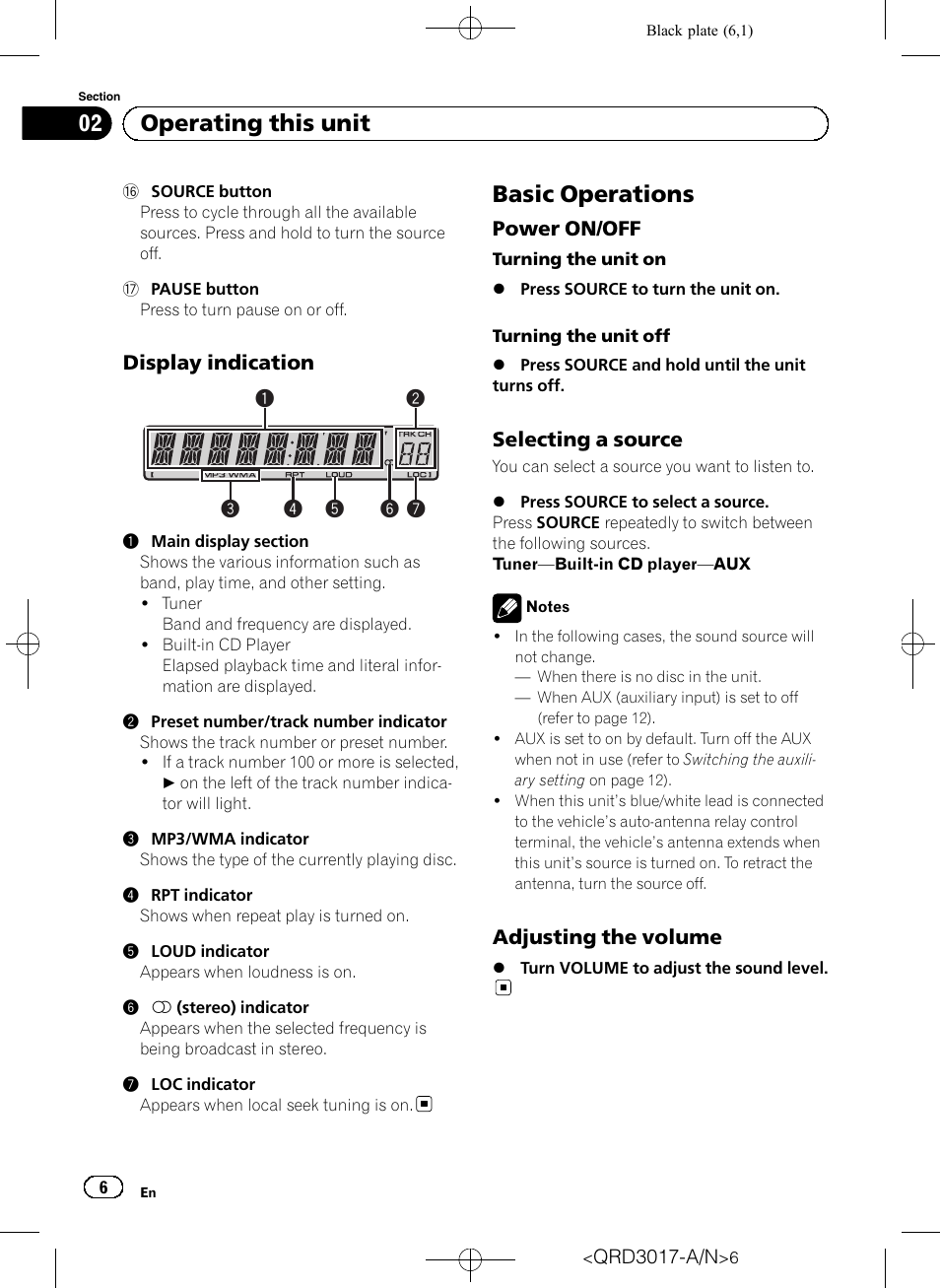 Display indication 6, Basic operations, Power on/off 6 | Selecting a source 6, Adjusting the volume 6, Operating this unit | Pioneer Super Tuner III D DEH-1150MPG User Manual | Page 6 / 96