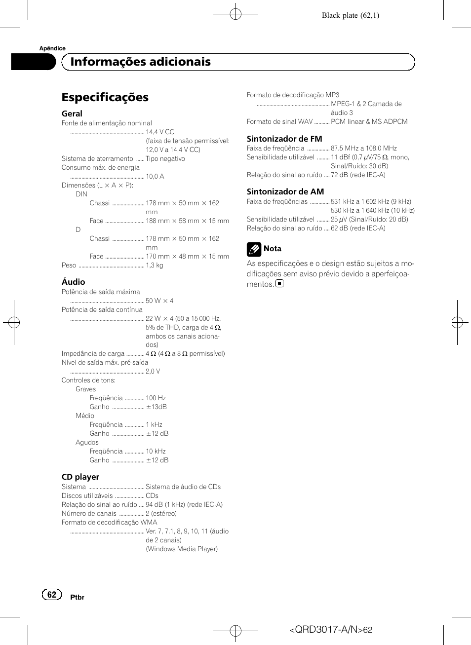 Especificações, Informações adicionais, Qrd3017-a/n | Pioneer Super Tuner III D DEH-1150MPG User Manual | Page 62 / 96