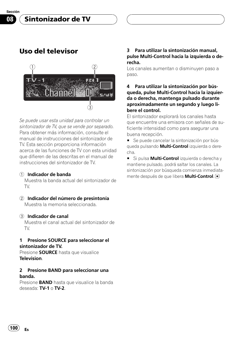 Sintonizador de tv, Uso del televisor 100, Uso del televisor | Pioneer DEH-P7750MP User Manual | Page 100 / 197