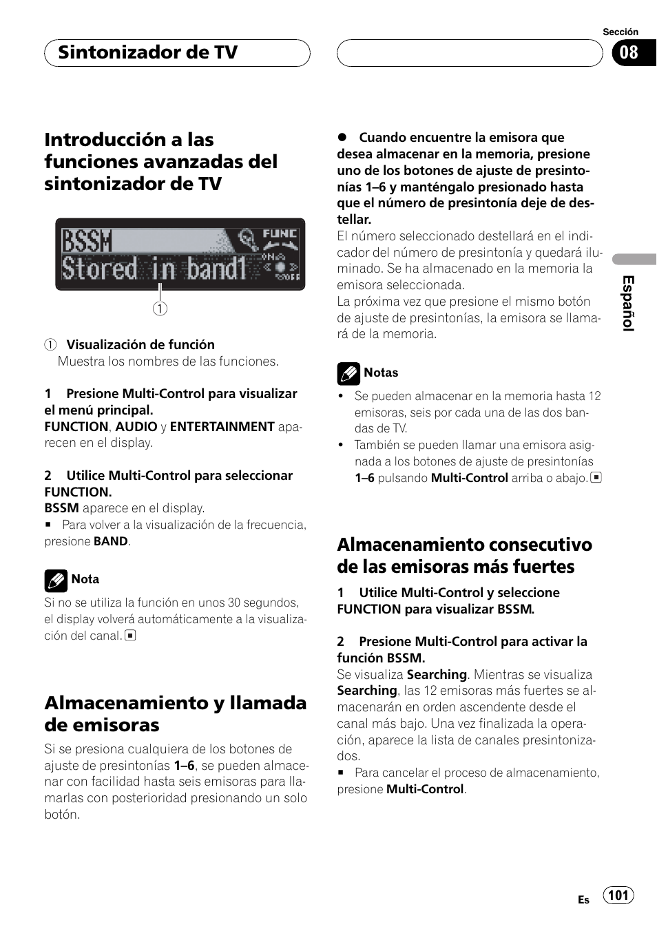 Introducción a las funciones avanzadas del, Sintonizador de tv 101, Almacenamiento y llamada de | Emisoras 101, Almacenamiento consecutivo de las, Emisoras más fuertes 101, Almacenamiento y llamada de emisoras, Sintonizador de tv | Pioneer DEH-P7750MP User Manual | Page 101 / 197