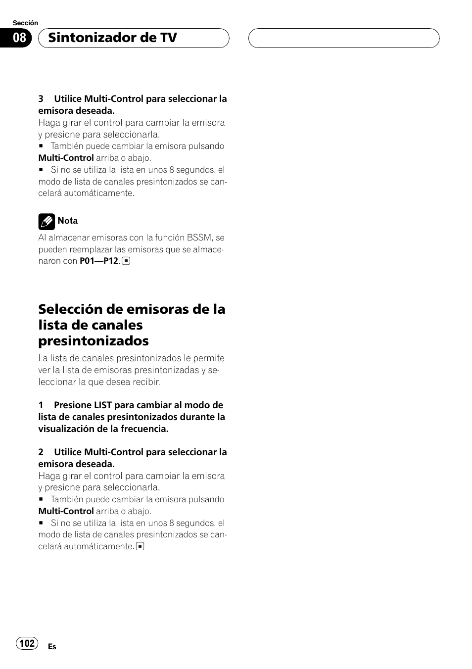 Selección de emisoras de la lista de canales, Presintonizados 102, Sintonizador de tv | Pioneer DEH-P7750MP User Manual | Page 102 / 197
