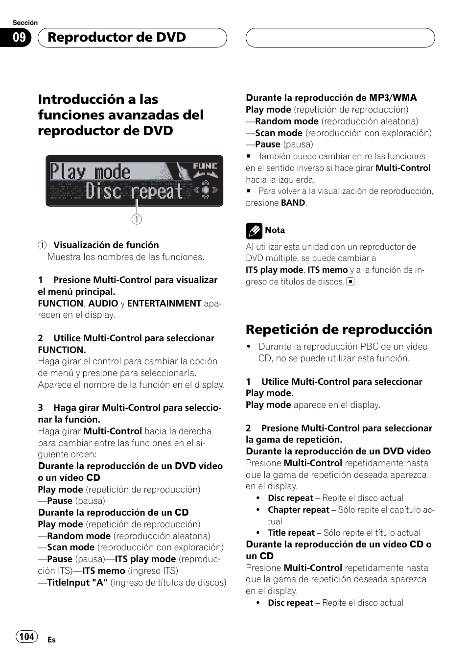 Introducción a las funciones avanzadas del, Reproductor de dvd 104, Repetición de reproducción 104 | Repetición de reproducción, Reproductor de dvd | Pioneer DEH-P7750MP User Manual | Page 104 / 197
