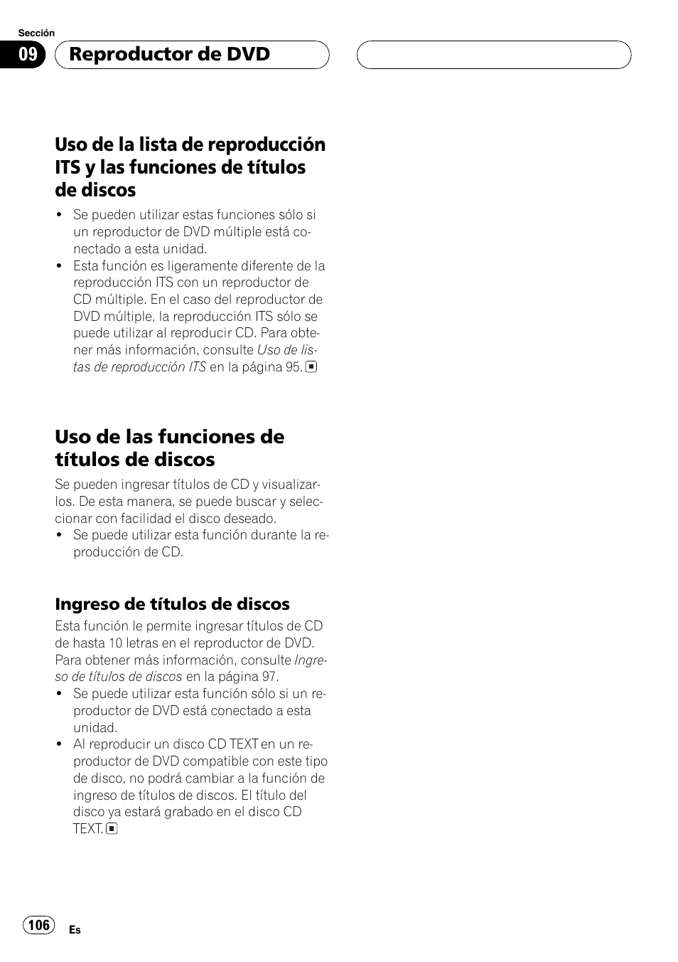 Uso de la lista de reproducción its y las, Funciones de títulos de discos 106, Uso de las funciones de títulos de | Discos 106, Ingreso de títulos de discos 106, Uso de las funciones de títulos de discos, Reproductor de dvd | Pioneer DEH-P7750MP User Manual | Page 106 / 197