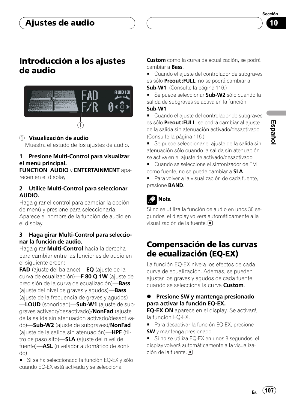 Ajustes de audio, Introducción a los ajustes de audio 107, Compensación de las curvas de ecualización | Eq-ex) 107, Compensación de las curvas de, Introducción a los ajustes de audio, Compensación de las curvas de ecualización (eq-ex) | Pioneer DEH-P7750MP User Manual | Page 107 / 197