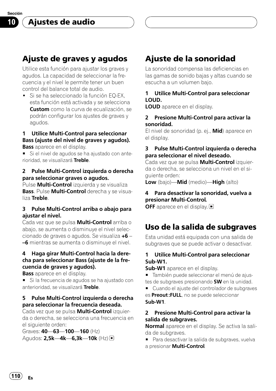 Ajuste de graves y agudos 110, Ajuste de la sonoridad 110, Uso de la salida de subgraves 110 | Ajuste de graves y agudos, Ajuste de la sonoridad, Uso de la salida de subgraves, Ajustes de audio | Pioneer DEH-P7750MP User Manual | Page 110 / 197