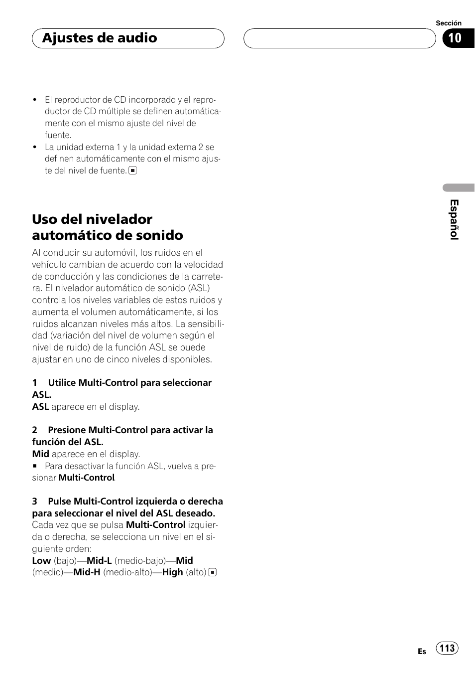 Uso del nivelador automático de sonido 113, Uso del nivelador automático de sonido, Ajustes de audio | Pioneer DEH-P7750MP User Manual | Page 113 / 197