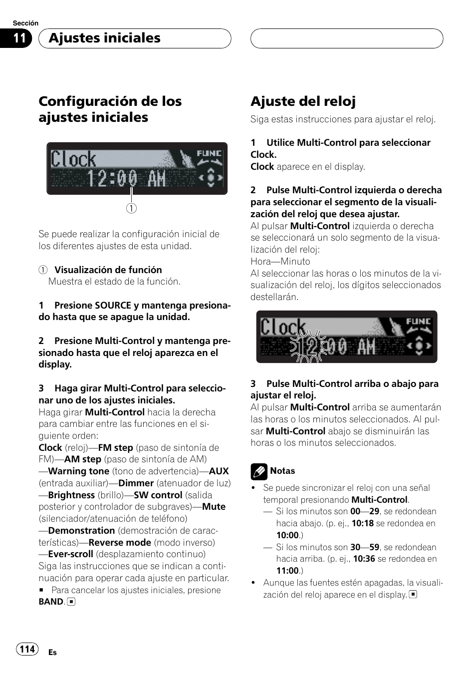 Ajustes iniciales, Configuración de los ajustes iniciales 114, Ajuste del reloj 114 | Ajustes, Iniciales, Configuración de los ajustes iniciales, Ajuste del reloj | Pioneer DEH-P7750MP User Manual | Page 114 / 197