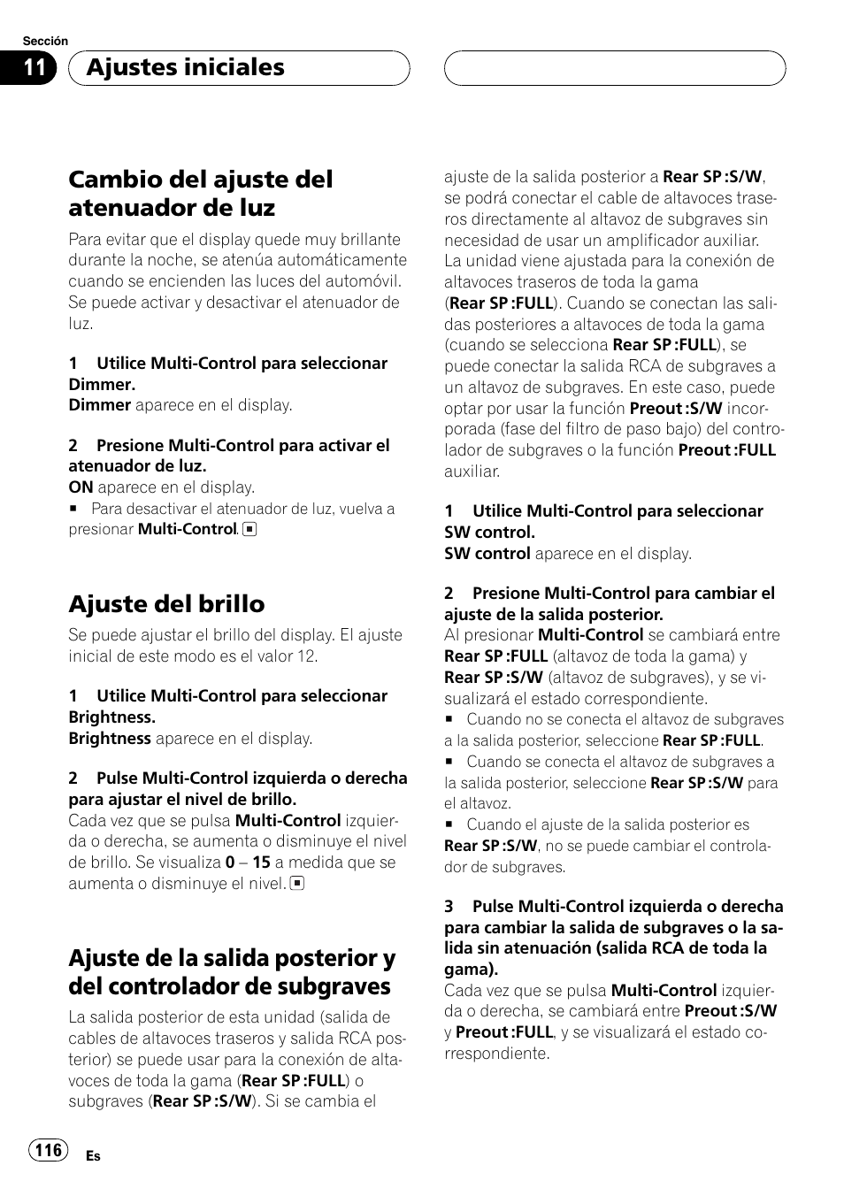 Cambio del ajuste del atenuador de luz 116, Ajuste del brillo 116, Ajuste de la salida posterior y del controlador | De subgraves 116, Cambio del ajuste del atenuador de luz, Ajuste del brillo, Ajustes iniciales | Pioneer DEH-P7750MP User Manual | Page 116 / 197