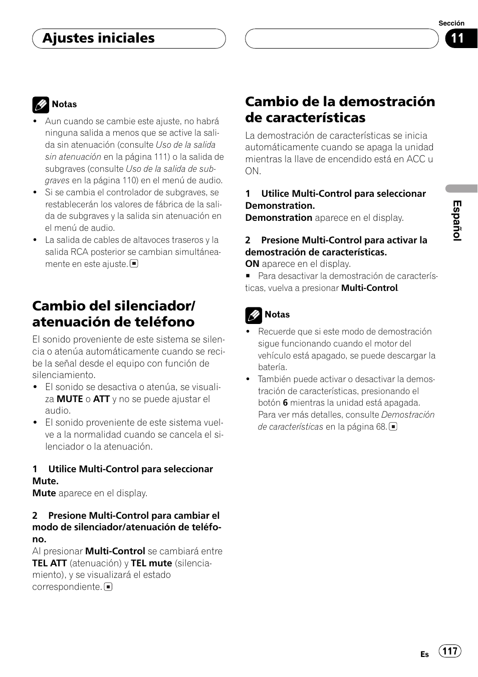 Cambio del silenciador/atenuación de, Teléfono 117, Cambio de la demostración de | Características 117, Cambio de la demostración de carac, Terísticas, Cambio de la demos, Cambio del silenciador/ atenuación de teléfono, Cambio de la demostración de características, Ajustes iniciales | Pioneer DEH-P7750MP User Manual | Page 117 / 197