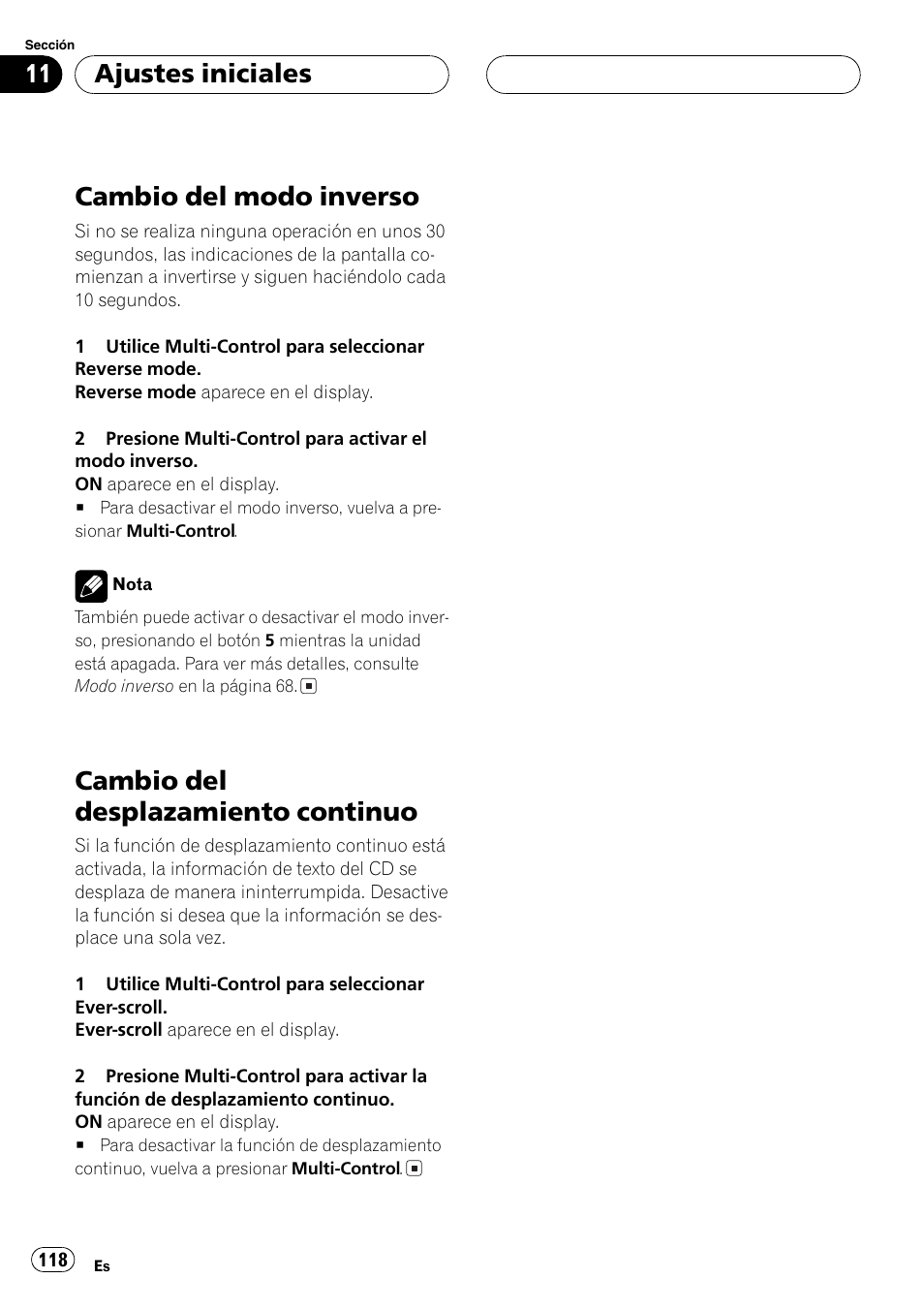 Cambio del modo inverso 118, Cambio del desplazamiento continuo 118, Cambio del modo inverso | Cambio del desplazamiento continuo, Ajustes iniciales | Pioneer DEH-P7750MP User Manual | Page 118 / 197
