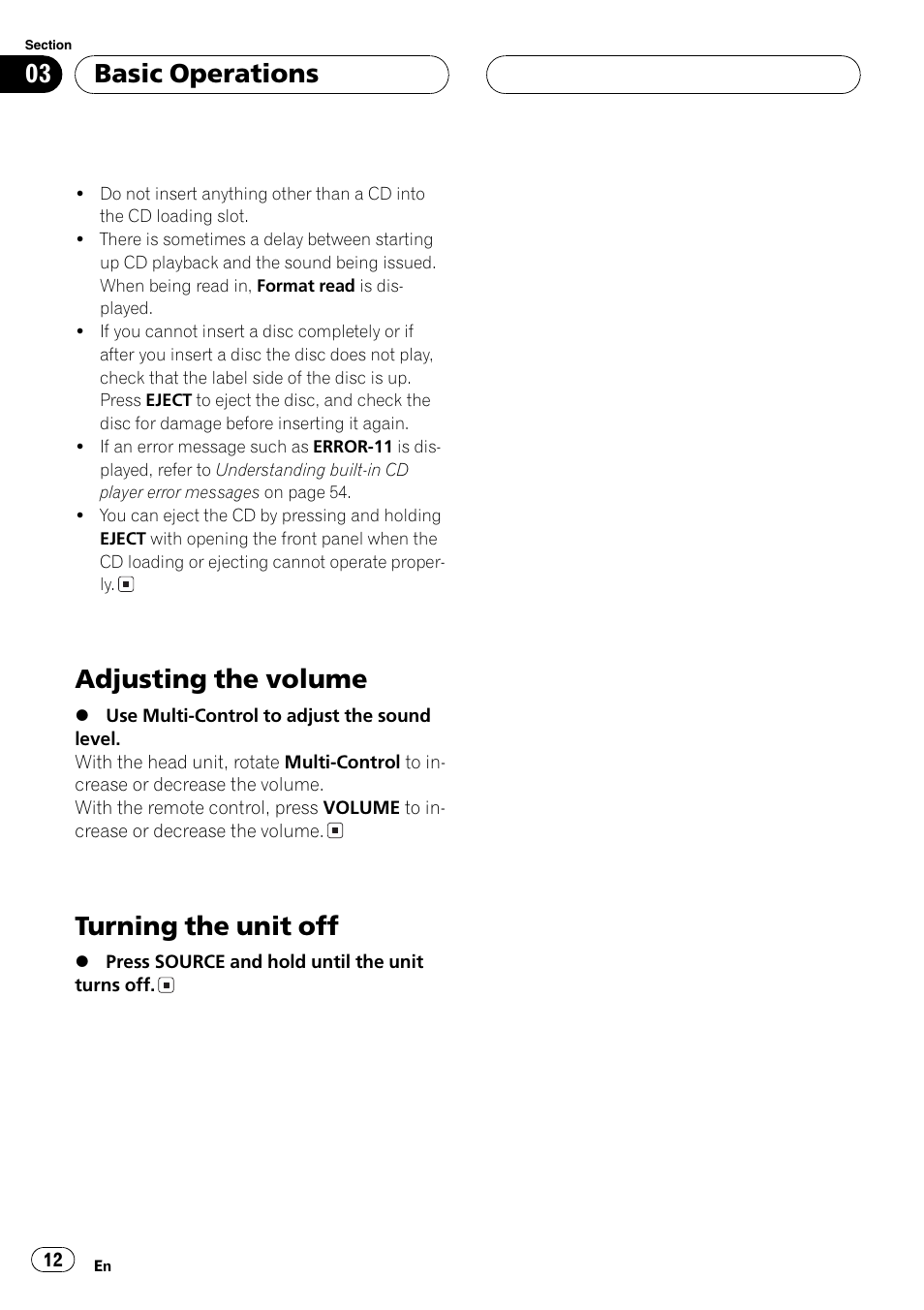 Adjusting the volume 12 turning the unit off 12, Adjusting the volume, Turning the unit off | Basic operations | Pioneer DEH-P7750MP User Manual | Page 12 / 197