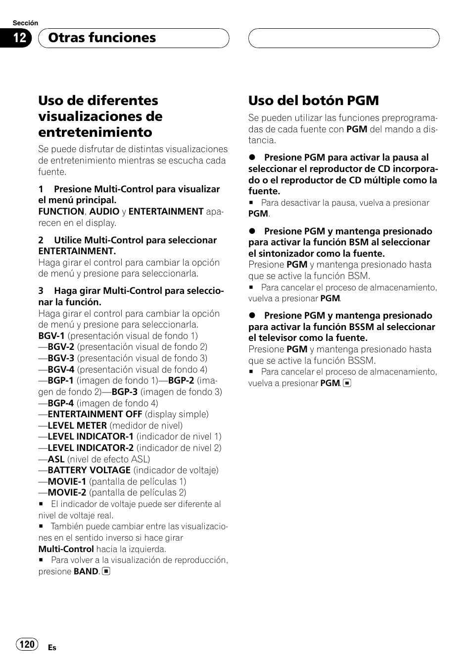 Uso de diferentes visualizaciones de, Entretenimiento 120, Uso del botón pgm 120 | Uso del botón pgm, Otras funciones | Pioneer DEH-P7750MP User Manual | Page 120 / 197