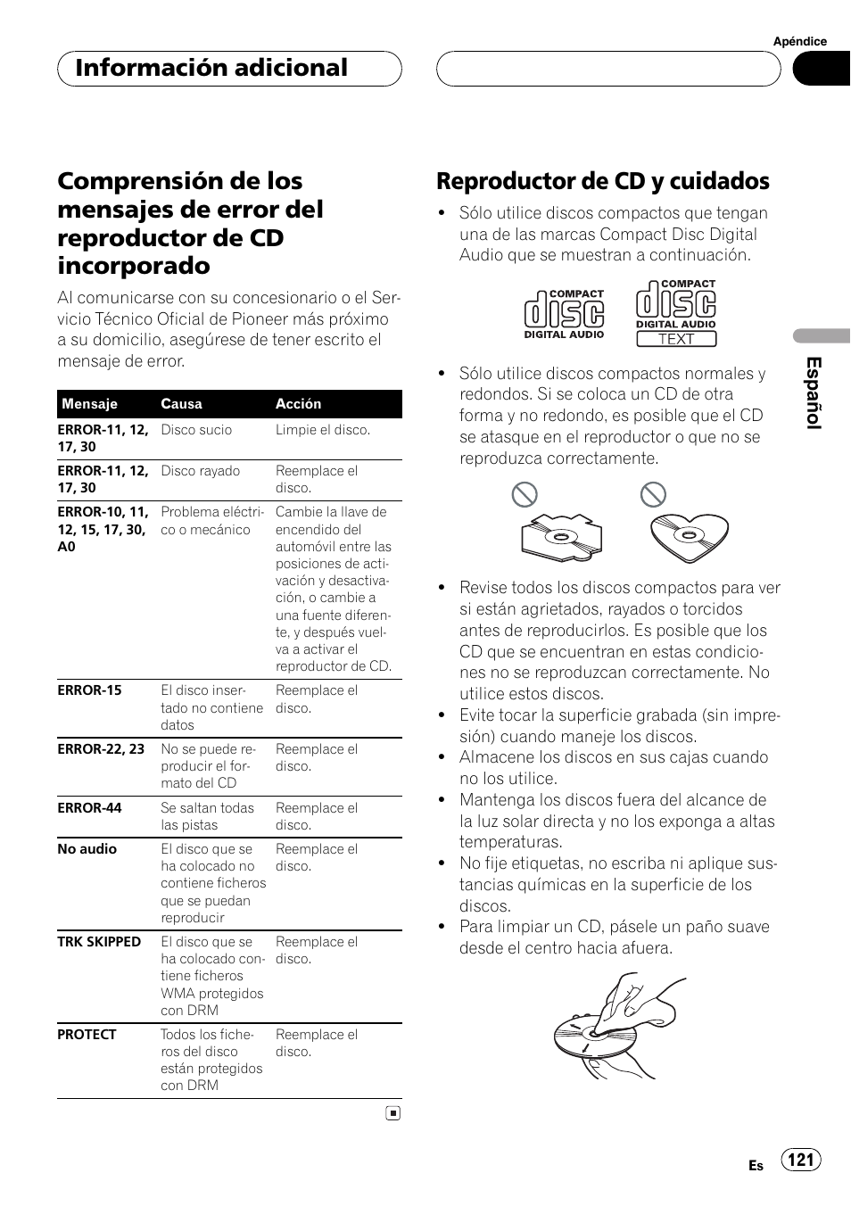 Información adicional, Comprensión de los mensajes de error del, Reproductor de cd incorporado 121 | Reproductor de cd y cuidados 121, Reproductor de cd y cuidados, Español | Pioneer DEH-P7750MP User Manual | Page 121 / 197