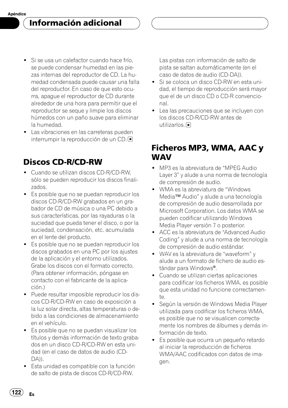 Discos cd-r/cd-rw 122, Ficheros mp3, wma, aac y wav 122, Discos cd-r/cd-rw | Ficheros mp3, wma, aac y wav, Información adicional | Pioneer DEH-P7750MP User Manual | Page 122 / 197