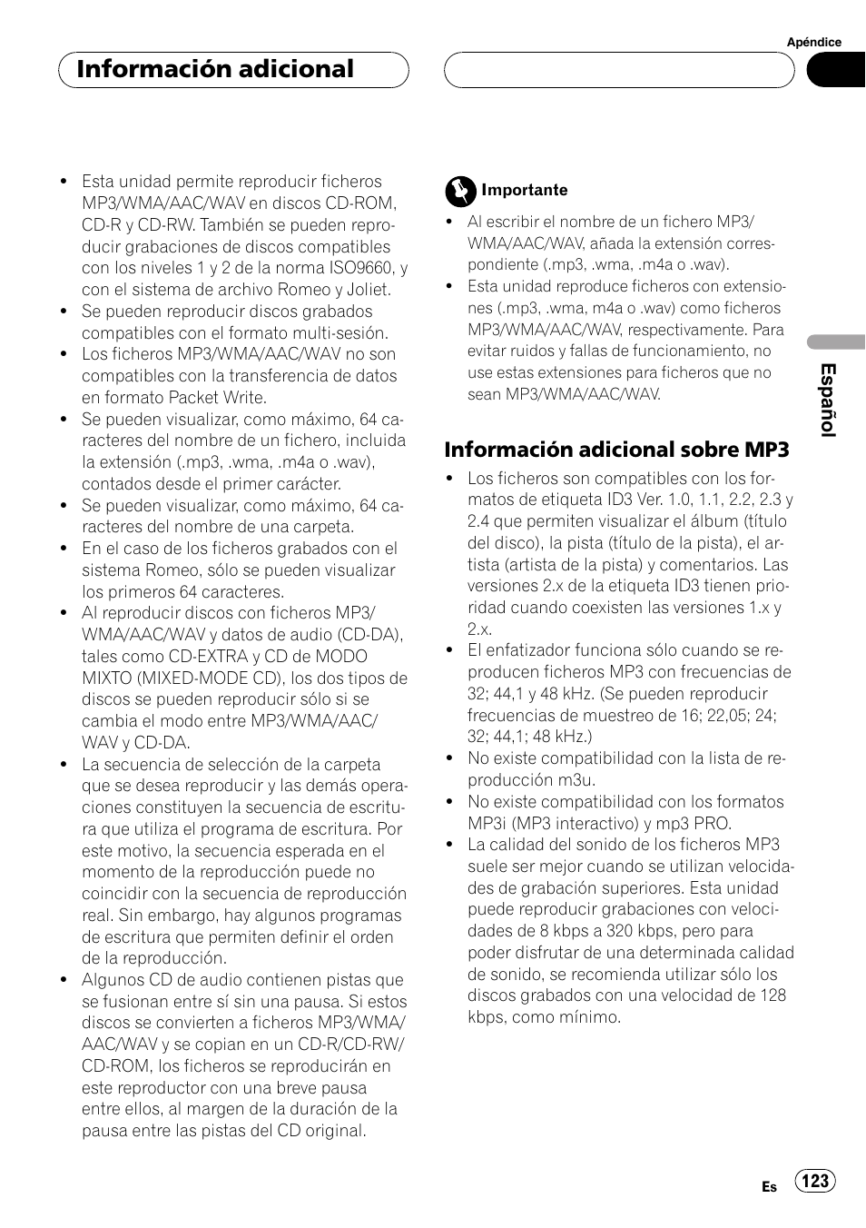 Información adicional sobre, Mp3 123, Información adicional | Información adicional sobre mp3 | Pioneer DEH-P7750MP User Manual | Page 123 / 197