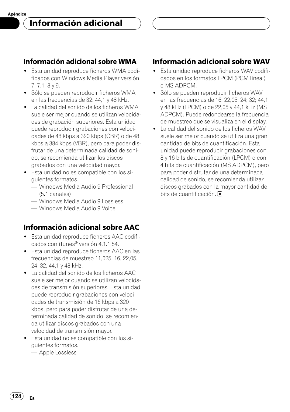 Información adicional sobre, Wma 124, Aac 124 | Wav 124, Información adicional, Información adicional sobre wma, Información adicional sobre aac, Información adicional sobre wav | Pioneer DEH-P7750MP User Manual | Page 124 / 197