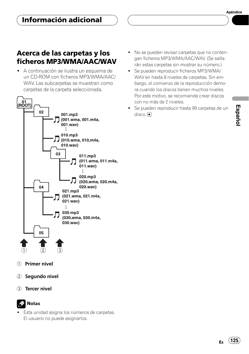 Acerca de las carpetas y los ficheros mp3, Wma/aac/wav 125, Información adicional | Pioneer DEH-P7750MP User Manual | Page 125 / 197