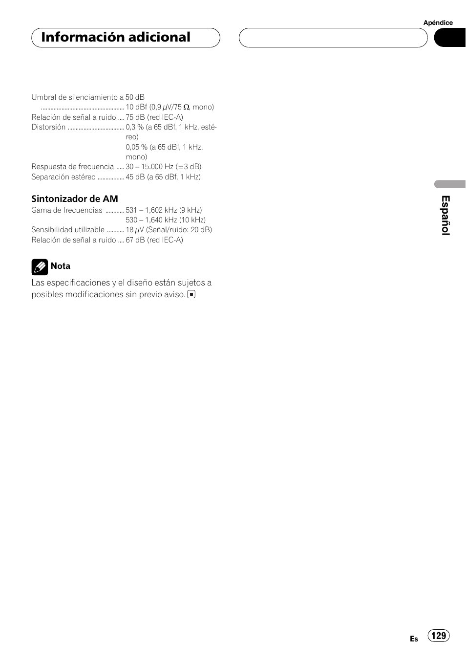Información adicional, Español | Pioneer DEH-P7750MP User Manual | Page 129 / 197