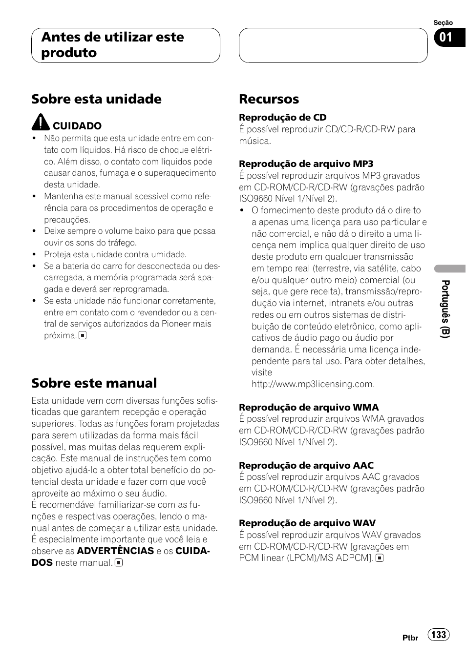 Sobre este manual 133, Recursos 133, Sobre esta unidade | Sobre este manual, Recursos, Antes de utilizar este produto | Pioneer DEH-P7750MP User Manual | Page 133 / 197
