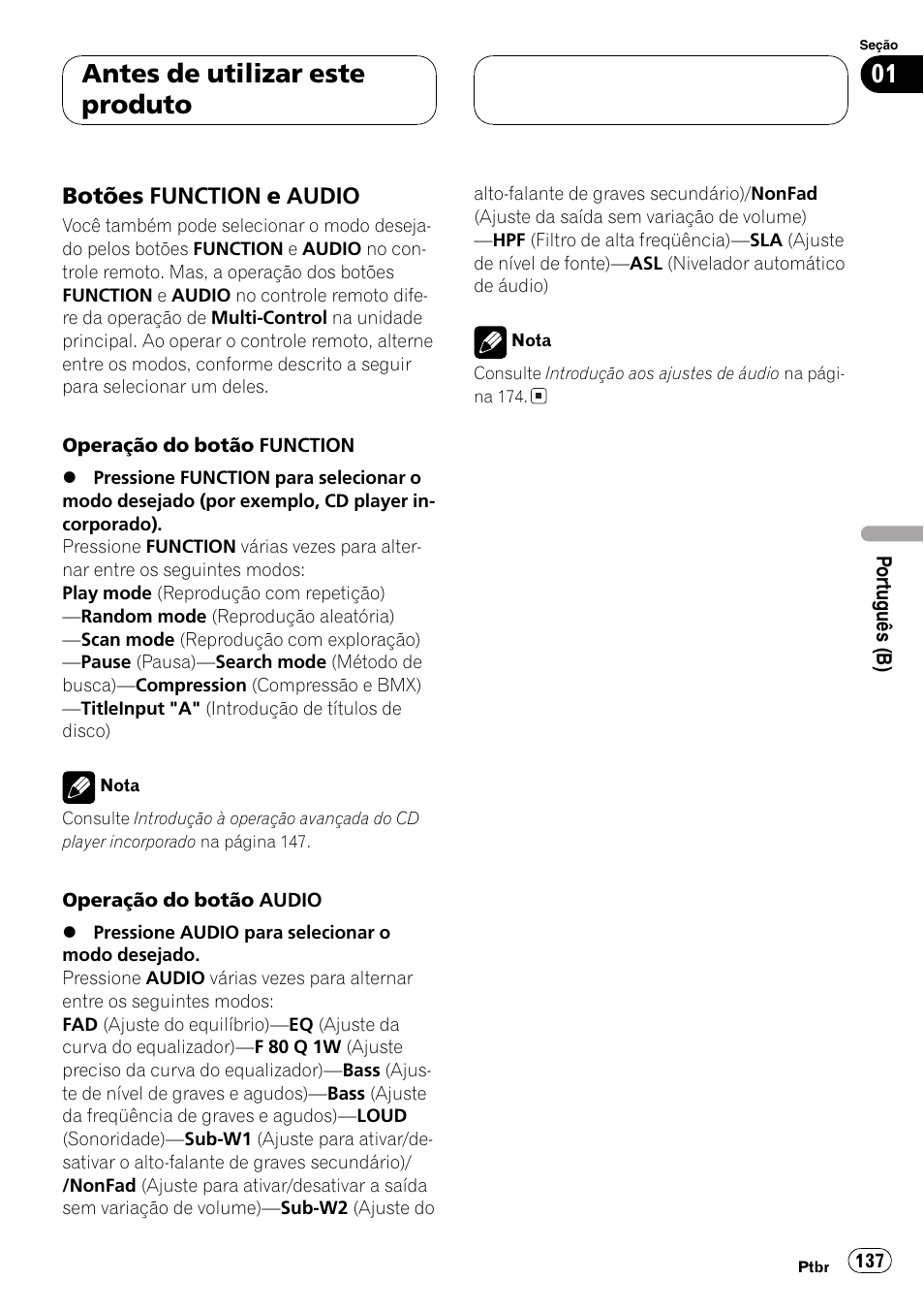 Botões function e audio 137, Antes de utilizar este produto, Botões function e audio | Pioneer DEH-P7750MP User Manual | Page 137 / 197