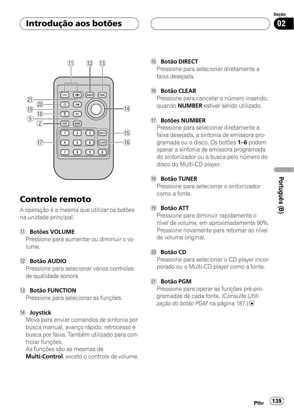 Controle remoto 139, Controle remoto, Introdução aos botões | Pioneer DEH-P7750MP User Manual | Page 139 / 197