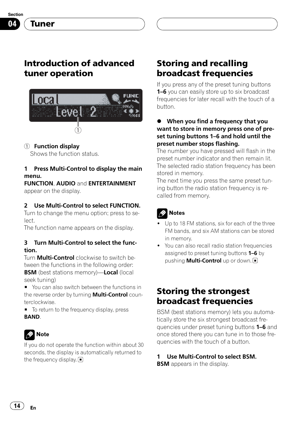 Introduction of advanced tuner, Operation 14, Storing and recalling broadcast | Frequencies 14, Storing the strongest broadcast, Introduction of advanced tuner operation, Storing and recalling broadcast frequencies, Storing the strongest broadcast frequencies, Tuner | Pioneer DEH-P7750MP User Manual | Page 14 / 197