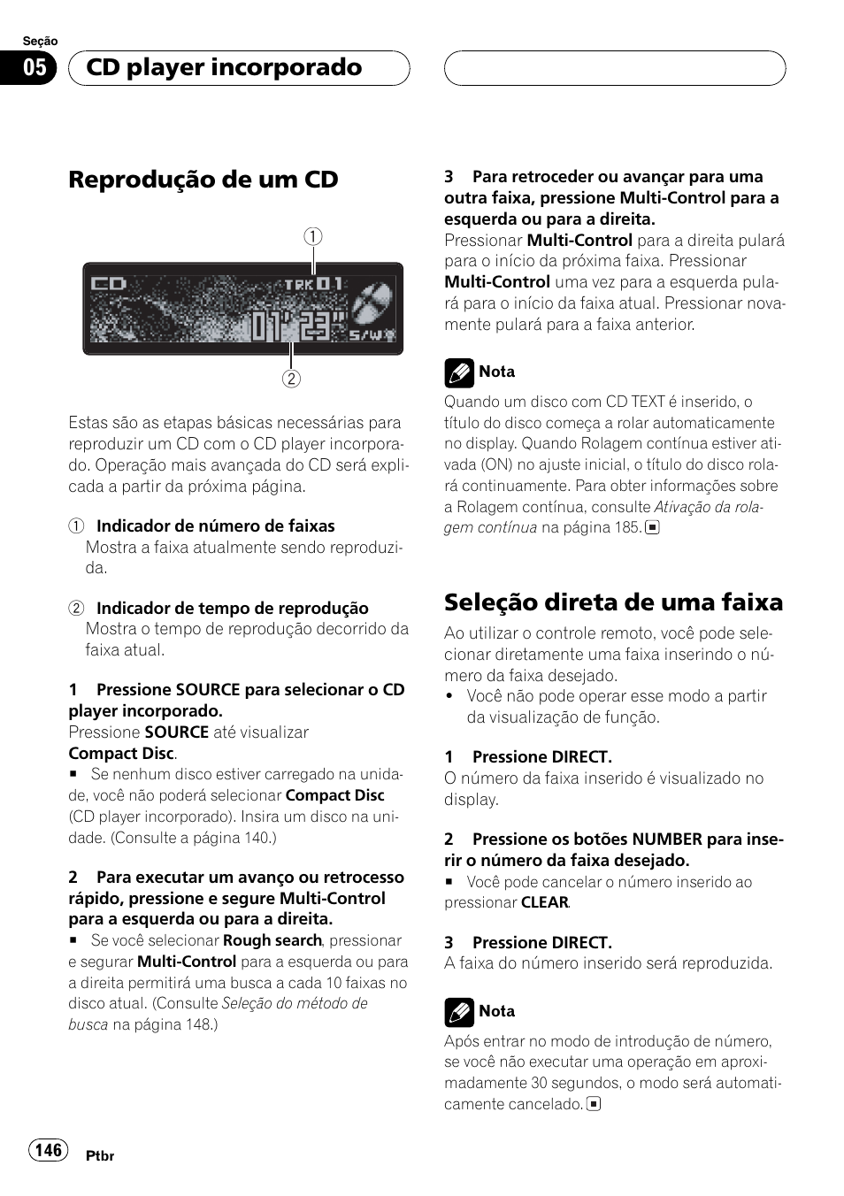 Cdplayer incorporado, Reprodução de um cd 146, Seleção direta de uma faixa 146 | Reprodução de um cd, Seleção direta de uma faixa, Cd player incorporado | Pioneer DEH-P7750MP User Manual | Page 146 / 197