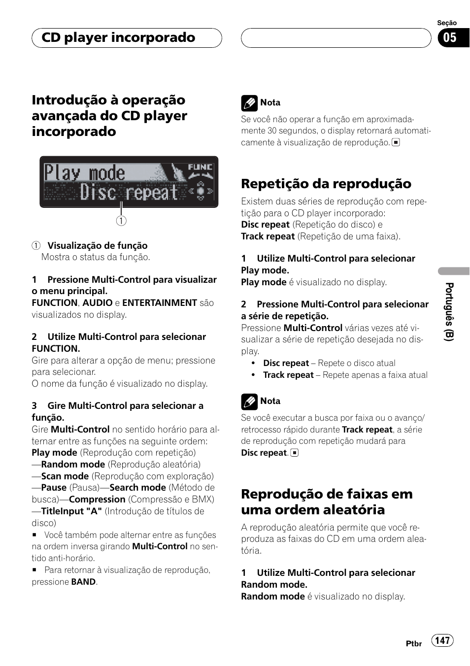 Introdução à operação avançada do cd, Player incorporado 147, Repetição da reprodução 147 | Reprodução de faixas em uma ordem, Aleatória 147, Repetição da reprodução, Reprodução de faixas em uma ordem aleatória, Cd player incorporado | Pioneer DEH-P7750MP User Manual | Page 147 / 197
