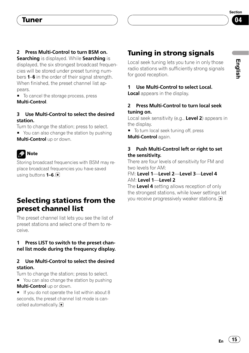 Selecting stations from the preset channel, List 15, Tuning in strong signals 15 | Selecting stations from the preset channel list, Tuning in strong signals, Tuner | Pioneer DEH-P7750MP User Manual | Page 15 / 197