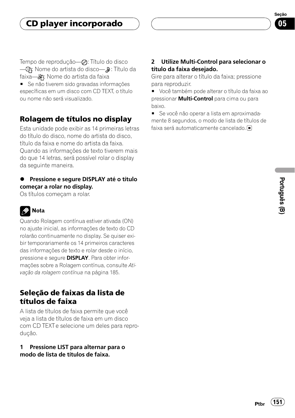 Rolagem de títulos no display 151, Seleção de faixas da lista de títulos de, Faixa 151 | Cd player incorporado | Pioneer DEH-P7750MP User Manual | Page 151 / 197