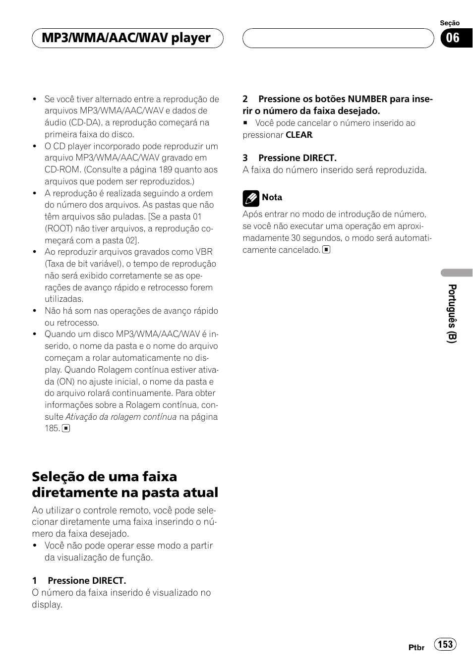 Seleção de uma faixa diretamente na pasta, Atual 153, Seleção de uma faixa diretamente na pasta atual | Mp3/wma/aac/wav player | Pioneer DEH-P7750MP User Manual | Page 153 / 197
