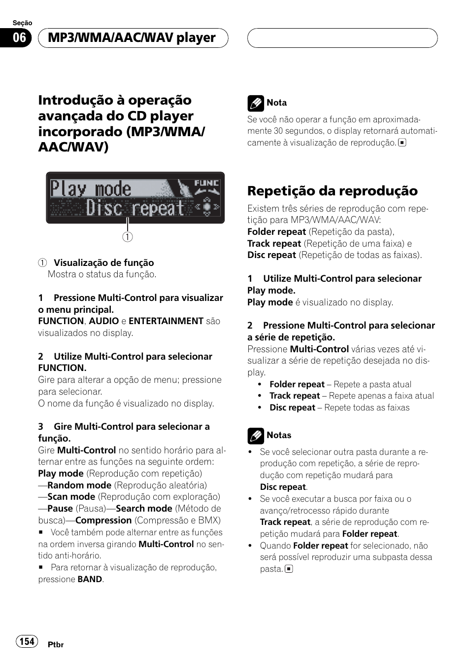 Introdução à operação avançada do cd, Player incorporado (mp3/wma/aac, Wav) 154 | Repetição da reprodução 154, Repetição da reprodução, Mp3/wma/aac/wav player | Pioneer DEH-P7750MP User Manual | Page 154 / 197