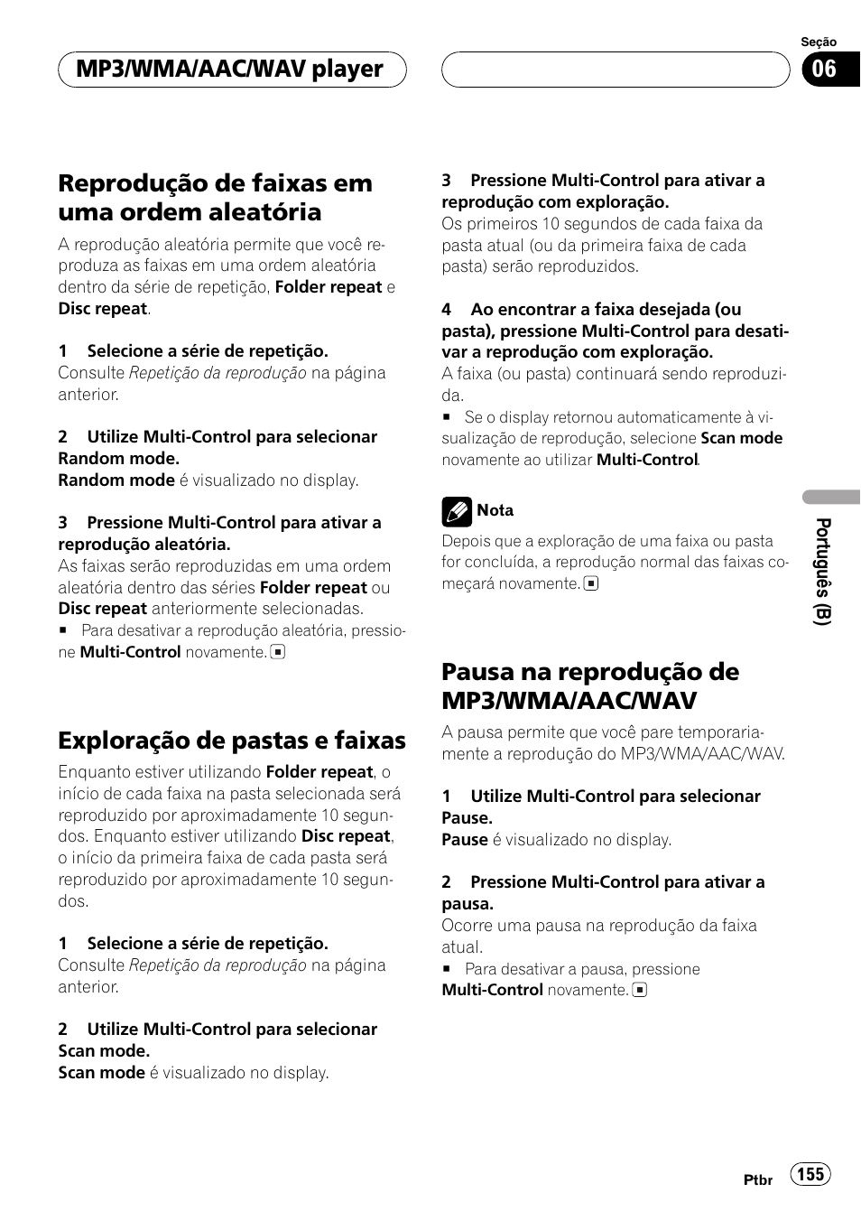 Reprodução de faixas em uma ordem, Aleatória 155, Exploração de pastas e faixas 155 | Pausa na reprodução de mp3/wma/aac, Wav 155, Reprodução de faixas em uma ordem aleatória, Exploração de pastas e faixas, Pausa na reprodução de mp3/wma/aac/wav, Mp3/wma/aac/wav player | Pioneer DEH-P7750MP User Manual | Page 155 / 197