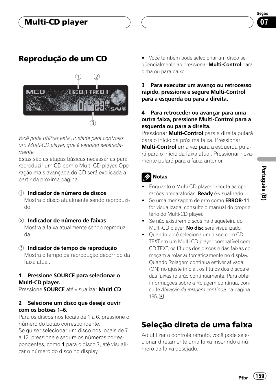 Multi-cdplayer, Reprodução de um cd 159, Seleção direta de uma faixa 159 | Reprodução de um cd, Seleção direta de uma faixa, Multi-cd player | Pioneer DEH-P7750MP User Manual | Page 159 / 197