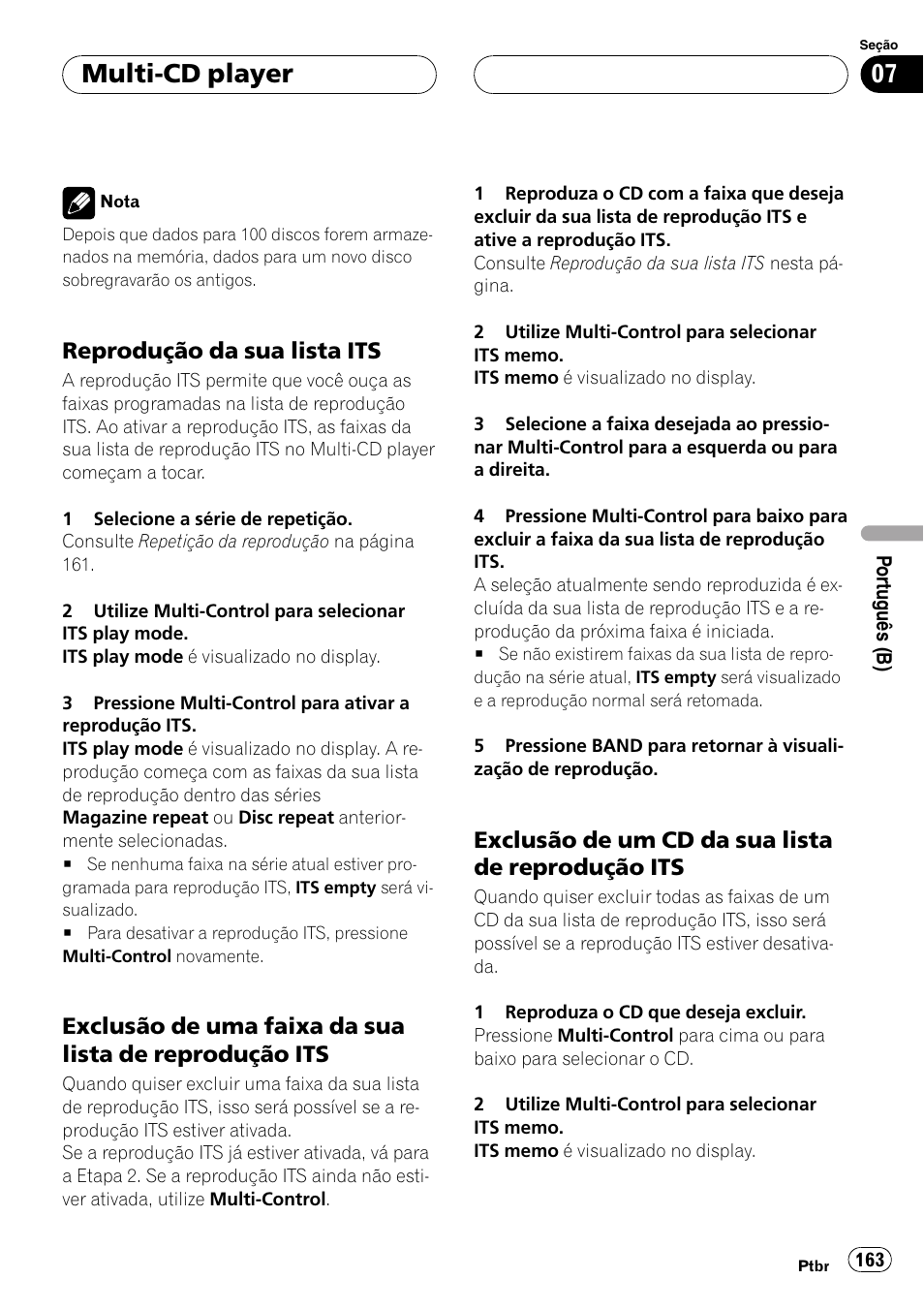 Reprodução da sua lista its 163, Exclusão de uma faixa da sua lista de, Reprodução its 163 | Exclusão de um cd da sua lista de, Multi-cd player, Reprodução da sua lista its, Exclusão de um cd da sua lista de reprodução its | Pioneer DEH-P7750MP User Manual | Page 163 / 197