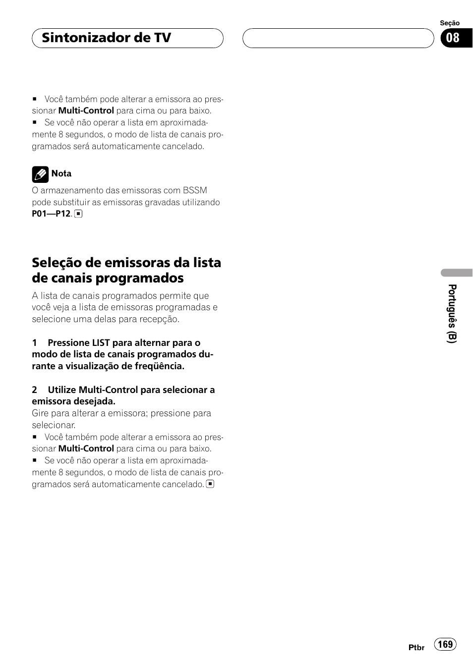 Seleção de emissoras da lista de canais, Programados 169, Sintonizador de tv | Pioneer DEH-P7750MP User Manual | Page 169 / 197